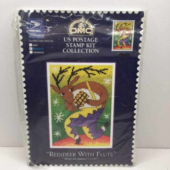 DMC US Postage Stamp Collection Cross Stitch Kit Reindeer With Flute 7.25"x5.25" - Picture 1 of 6